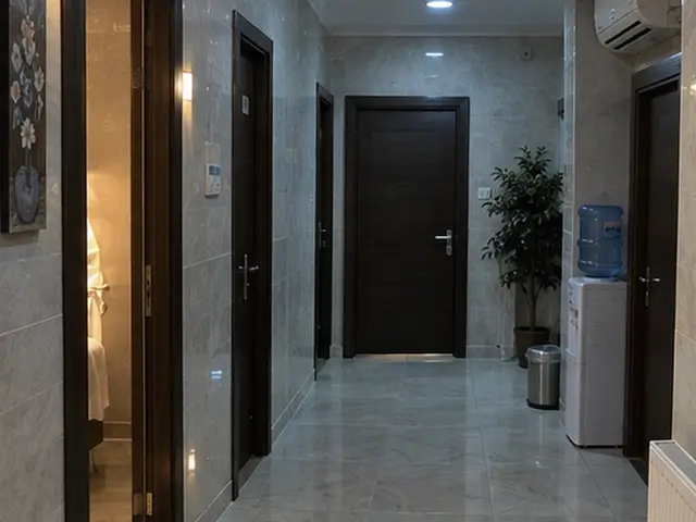 Aydınlık mermer koridor ve bekleme köşesi — Kayaşehir, Masaj Salonun